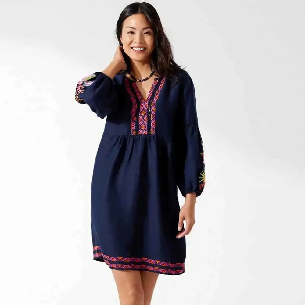 Tommy Bahama Tropical Embroidered Split-Neck Dress in Mare Navy Size XL NWT